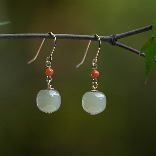 Buddha Stones 925 Sterling Silver Plated 14k Gold Hetian Jade Red Agate Luck Drop Dangle Earrings