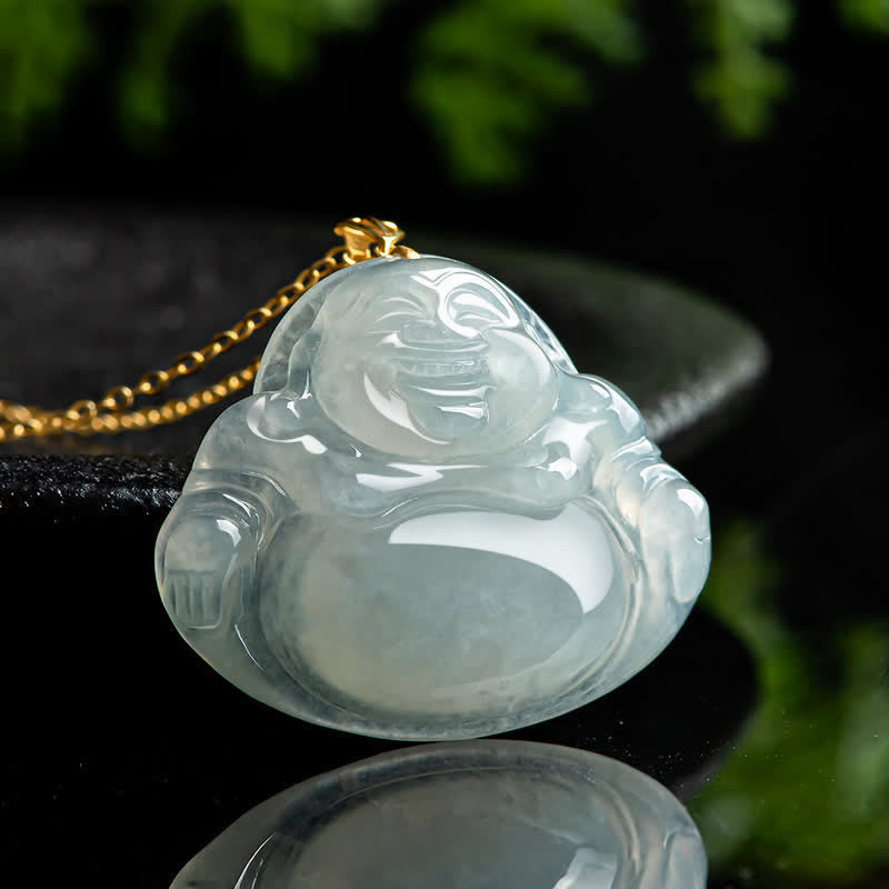 Buddha Stones Laughing Buddha Natural Jade 925 Sterling Silver Plated Gold Abundance Necklace Pendant