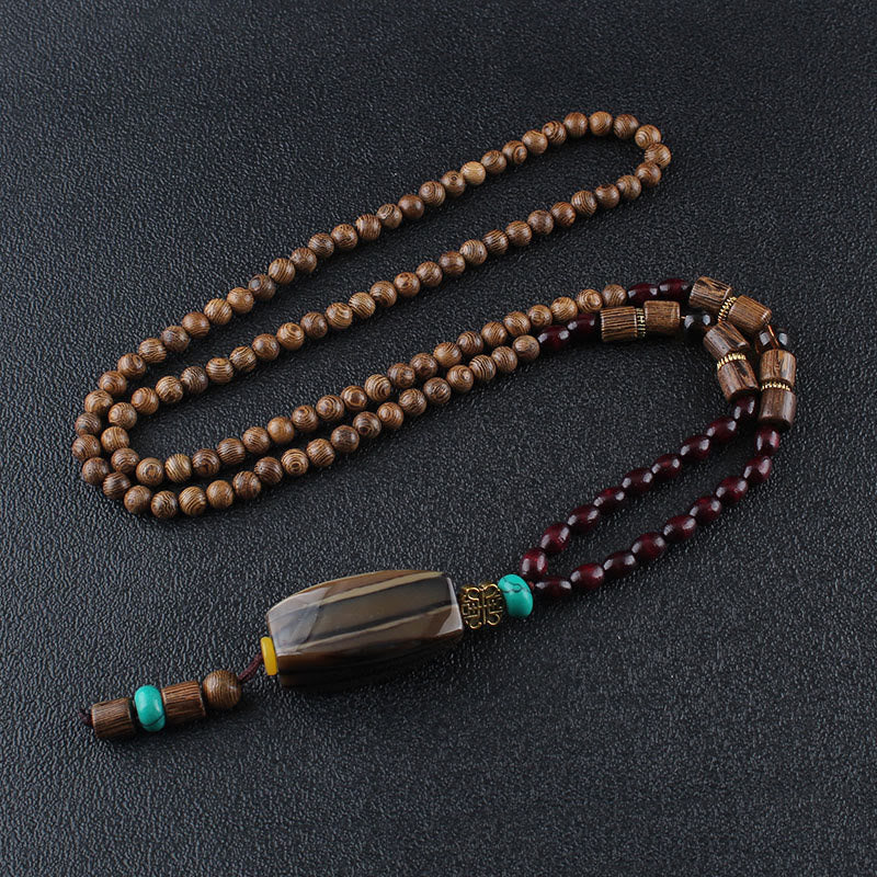 Buddha Stones Tibetan Wenge Wood Bodhi Seed Agate Balance Peace Necklace Pendant