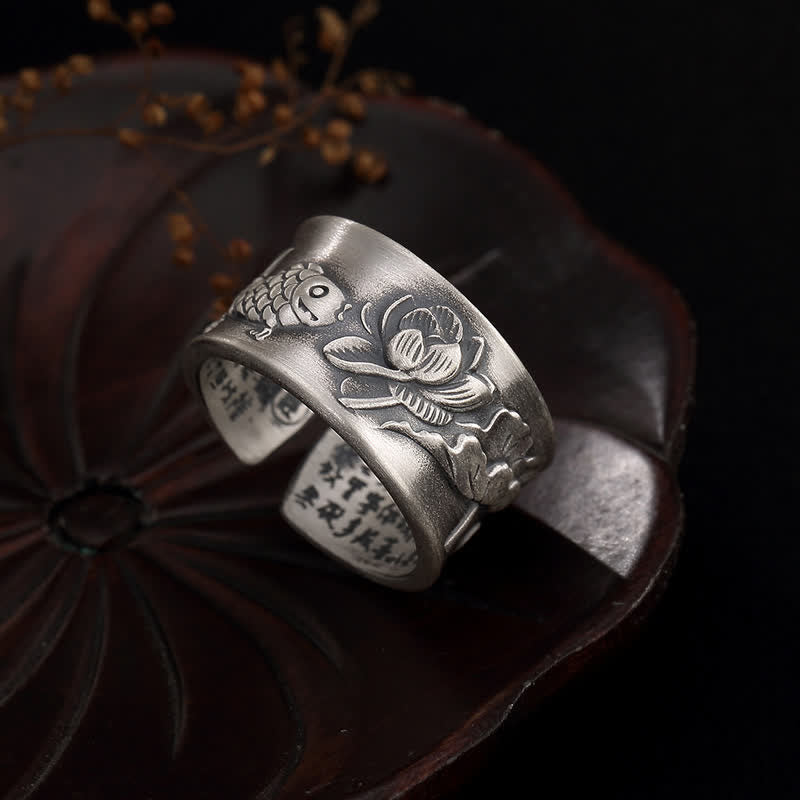 Buddha Stones 999 Sterling Silver Luck Koi Fish Lotus Heart Sutra Wealth Ring