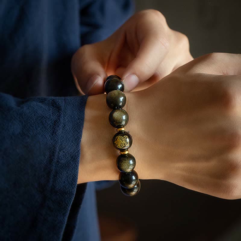 Buddha Stones Chinese Zodiac Natal Buddha Gold Sheen Obsidian Wealth Protection Bracelet