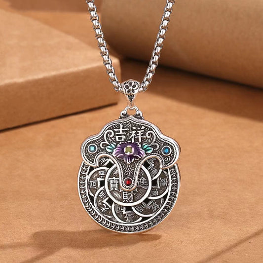 Buddha Stones Peony Flower Copper Coins Wealth Necklace Pendant