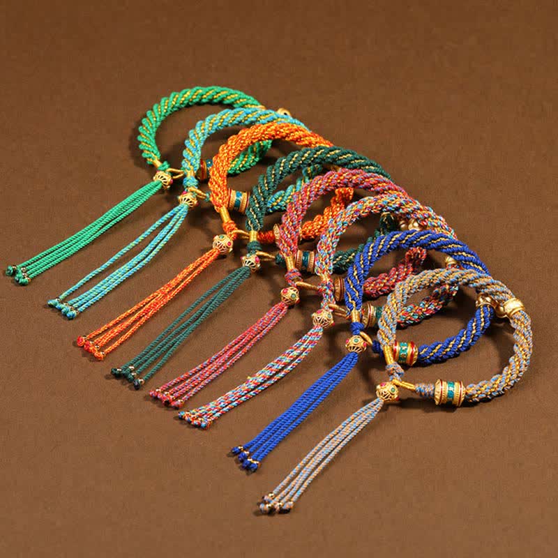 Buddha Stones Tibetan Handmade Luck Protection Thangka Prayer Wheel Bell Charm Braid String Bracelet
