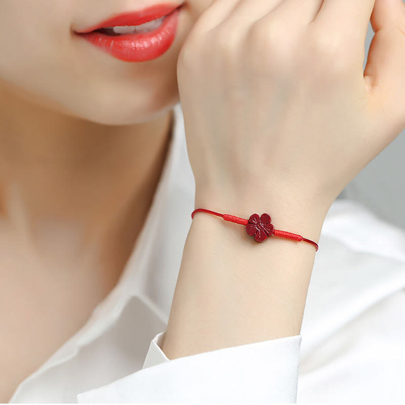 Buddha Stones Handmade Plum Blossom Four Leaf Clover PiXiu Lotus Koi Fish Cinnabar Blessing Braid Bracelet