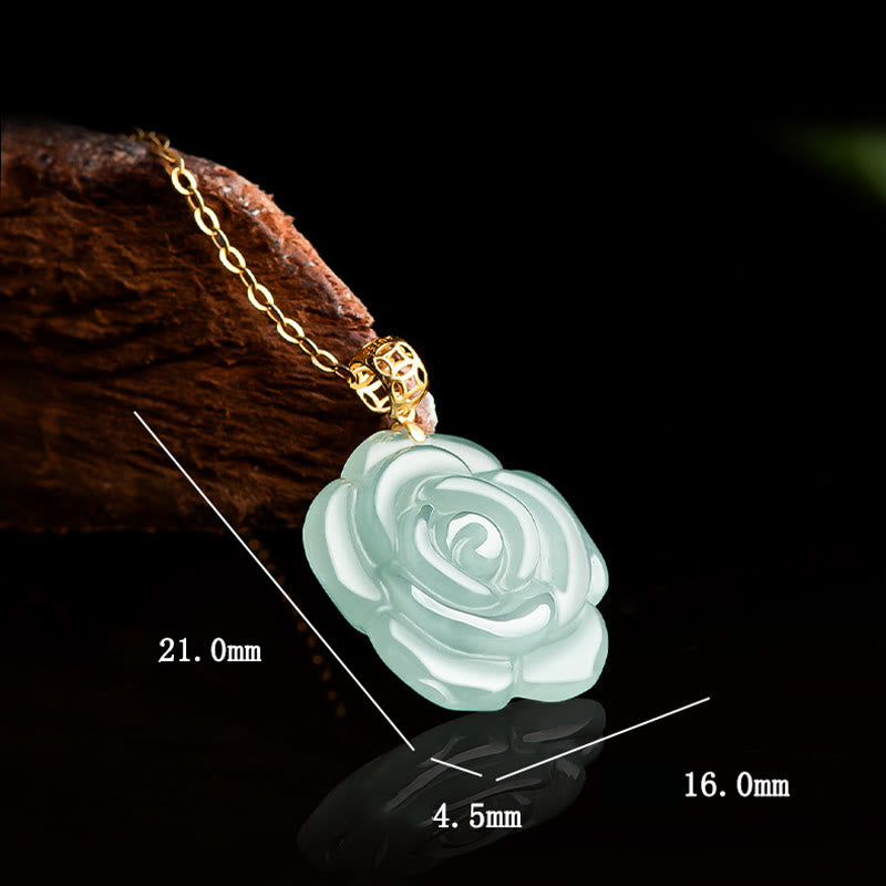 Buddha Stones 18K Gold Buckle 925 Sterling Silver Chain Natural Jade Rose Luck Necklace Pendant
