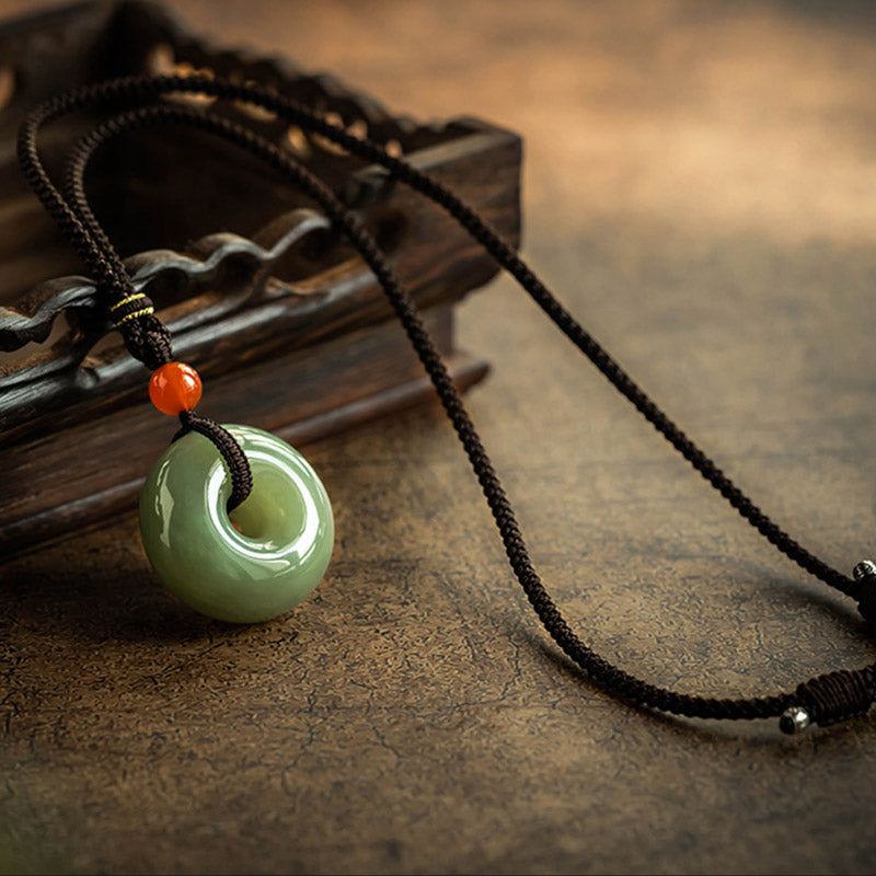 Buddha Stones Natural Round Jade Gray Jade Peace Buckle Luck Necklace Pendant