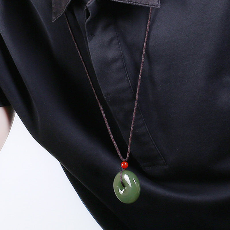 Buddha Stones Natural Round Jade Peace Buckle Prosperity Necklace String Pendant