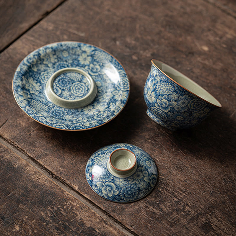 Buddha Stones Vintage Blue And White Porcelain Peach Blossom Lotus Peony Ceramic Gaiwan Sancai Teacup Kung Fu Tea Cup And Saucer With Lid