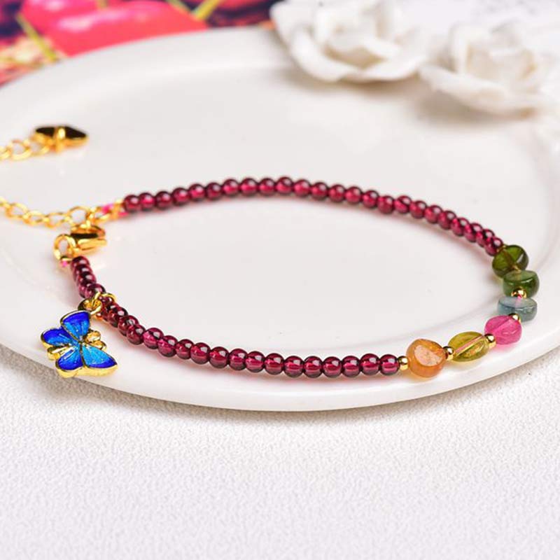 Buddha Stones Garnet Tourmaline Butterfly Protection Bracelet Anklet