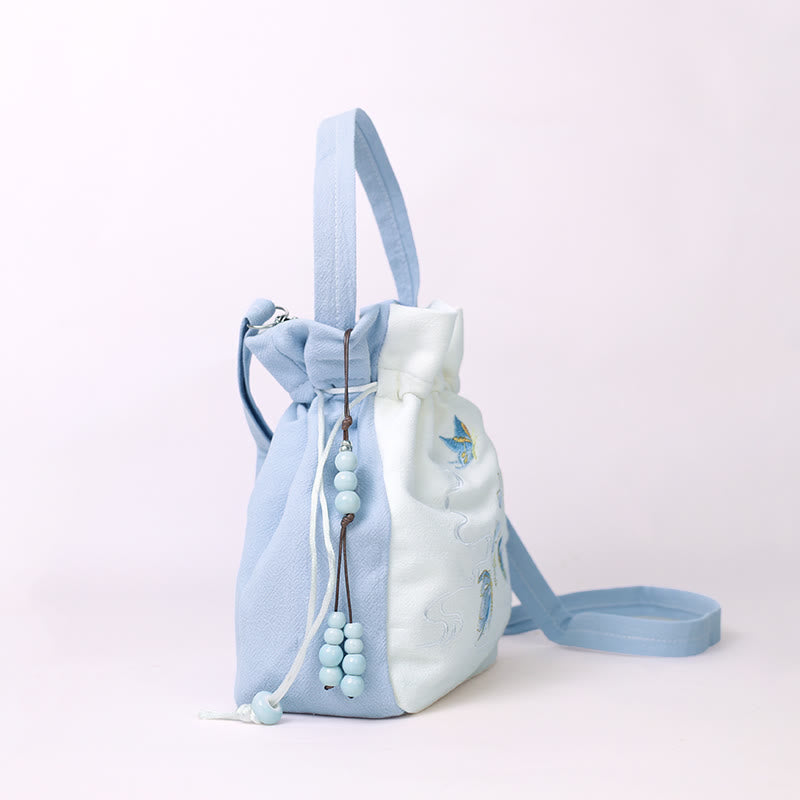 Buddha Stones Embroidered Butterfly Lotus Magnolia Cotton Linen Tote Crossbody Bag Shoulder Bag Handbag
