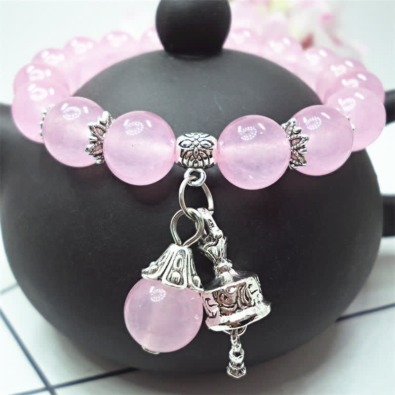Buddha Stones Vintage Crystal Chalcedony Stone Energy Beaded Bell Charm Bracelet