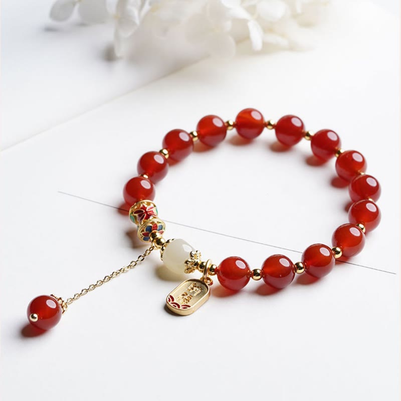 Buddha Stones Natural Red Agate Hetian Jade Fu Character Confidence Charm Bracelet (Extra 30% Off | USE CODE: FS30)