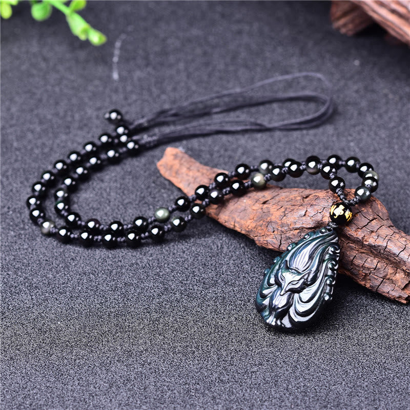 Buddha Stones Natural Rainbow Obsidian Nine Tailed Fox Inner Peace Necklace Beaded String Pendant