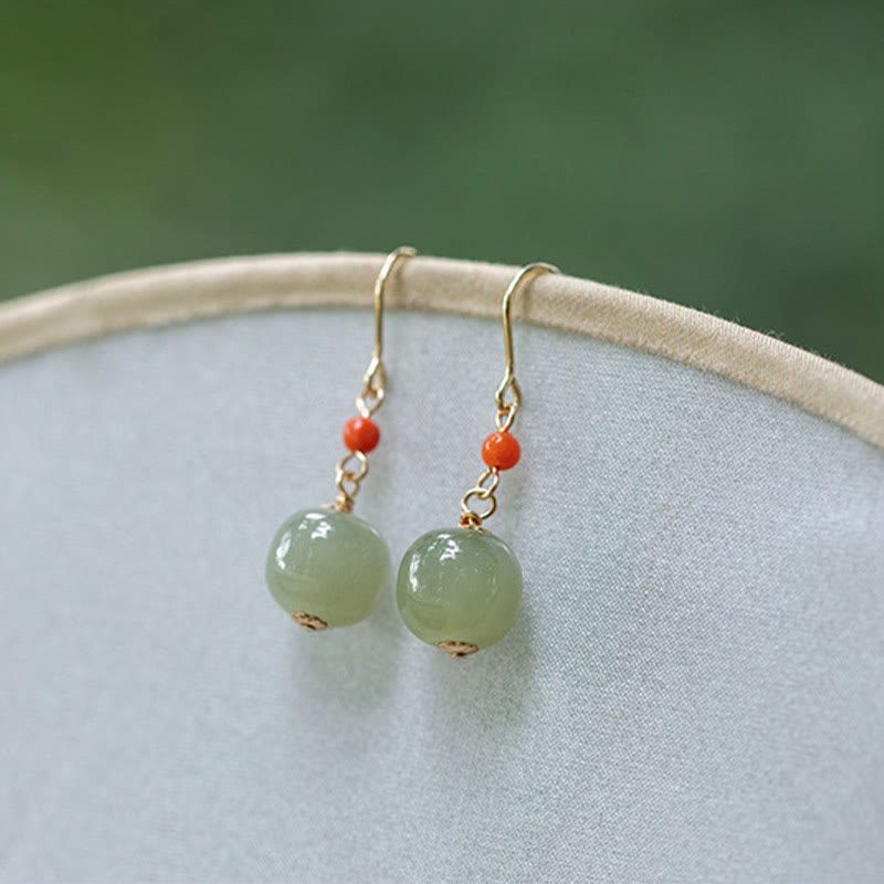 Buddha Stones 925 Sterling Silver Plated 14k Gold Hetian Jade Red Agate Luck Drop Dangle Earrings