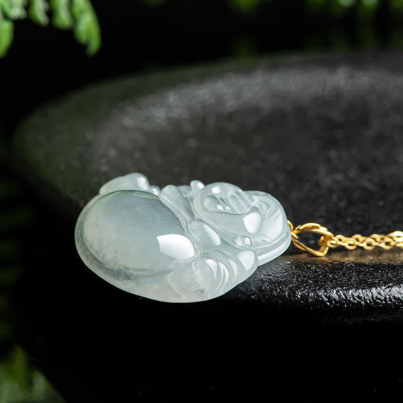 Buddha Stones Laughing Buddha Natural Jade 925 Sterling Silver Plated Gold Abundance Necklace Pendant