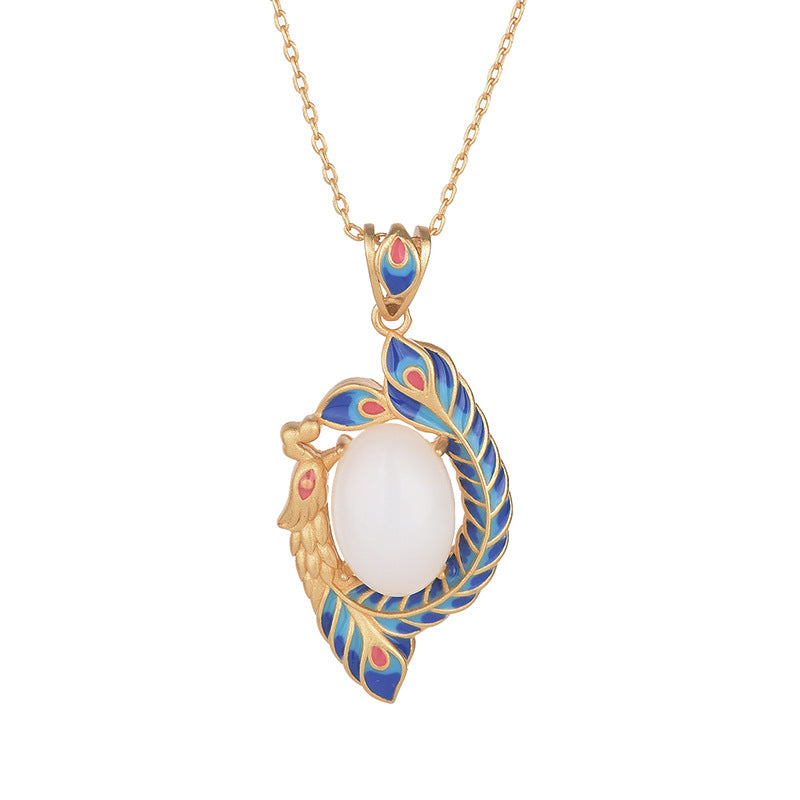 Buddha Stones White Jade Peacock Copper Blessing Necklace Pendant