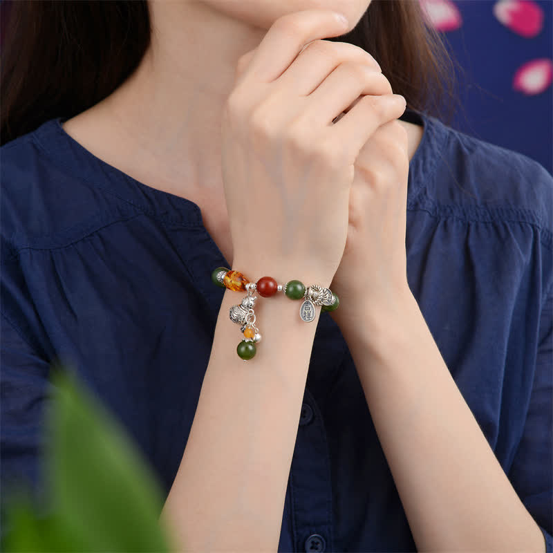 Buddha Stones 925 Sterling Silver Hetian Cyan Jade Gourd Amber Success Bracelet