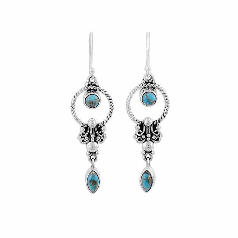 Buddha Stones 925 Sterling Silver Vintage Turquoise Waterdrop Pattern Balance Drop Dangle Earrings