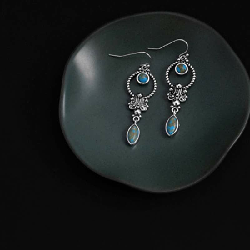 Buddha Stones 925 Sterling Silver Vintage Turquoise Waterdrop Pattern Balance Drop Dangle Earrings
