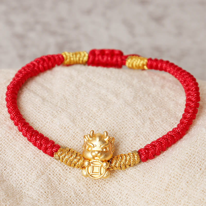 Buddha Stones 999 Sterling Silver Year of the Dragon Copper Coin Fortune Dragon Fu Character Luck Handcrafted Red String Braided Bracelet (Extra 30% Off | USE CODE: FS30)