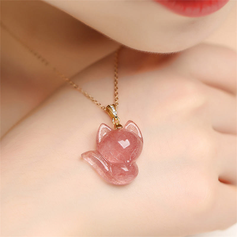 Buddha Stones 925 Sterling Silver Plated 14k Gold Strawberry Quartz Fox Healing Necklace Pendant
