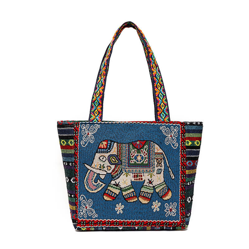Buddha Stones Elephant Butterfly Embroidered Large Capacity Canvas Tote Bag Shoulder Bag