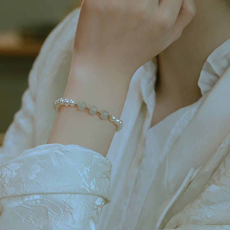 Buddha Stones 14K Gold Plated Natural Pearl Hetian Cyan Jade White Jade Sincerity Bead Chain Bracelet