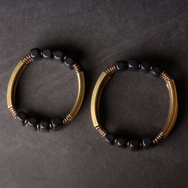 Buddha Stones Tibetan Ebony Wood Brass Copper Balance Double Layer Bracelet