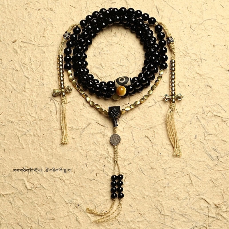 Buddha Stones Tibetan 108 Mala Beads Black Onyx Three-eyed Dzi Beads Protection Bracelet