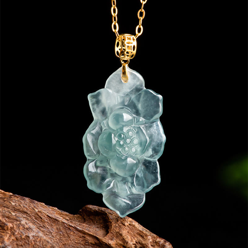Buddha Stones 925 Sterling Silver Chain 18K Gold Buckle Natural Jade Lotus Pattern Prosperity Necklace Pendant