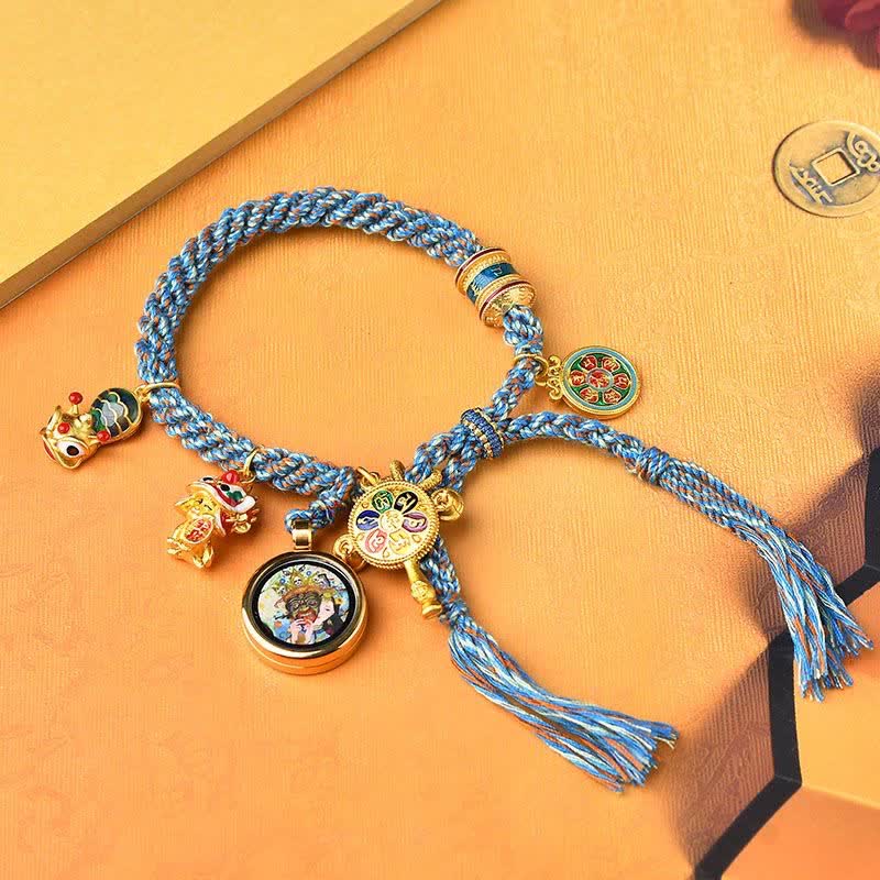 Buddha Stones Tibetan Zakiram Goddess of Wealth Thangka Luck Prayer Wheel Braid String Bracelet