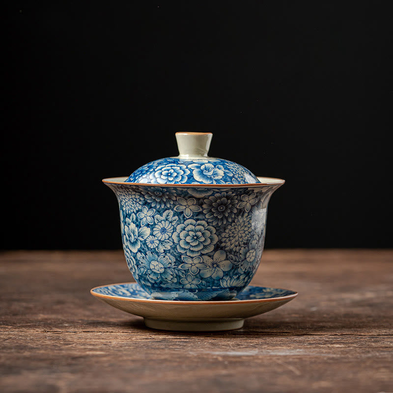Buddha Stones Vintage Blue And White Porcelain Peach Blossom Lotus Peony Ceramic Gaiwan Sancai Teacup Kung Fu Tea Cup And Saucer With Lid