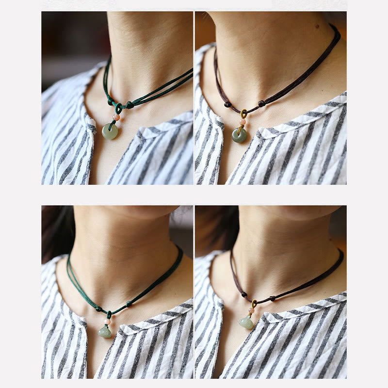 Buddha Stones Natural Round Jade Peace Buckle Lotus Abundance String Necklace Pendant