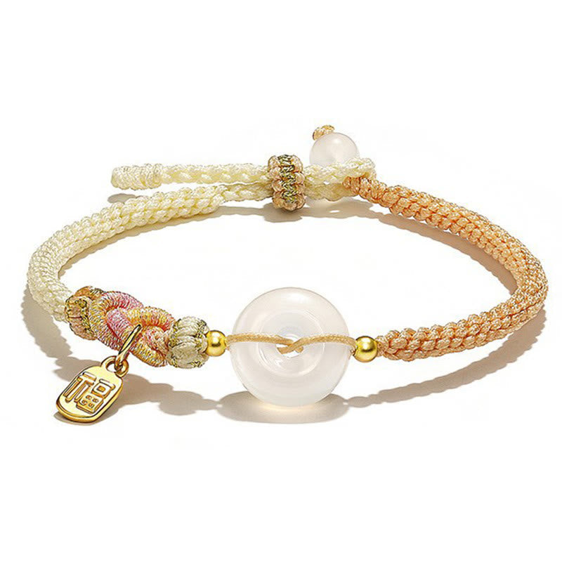 Buddha Stones Handmade White Agate Peace Buckle Luck Happiness Protection Weave String Bracelet