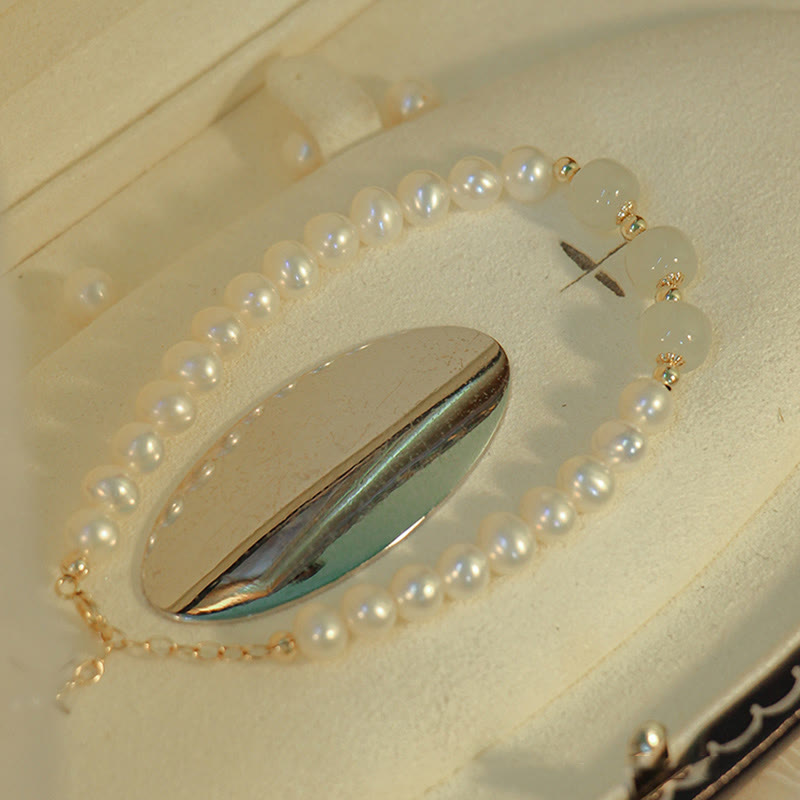 Buddha Stones 14K Gold Plated Natural Pearl Hetian Cyan Jade White Jade Sincerity Bead Chain Bracelet