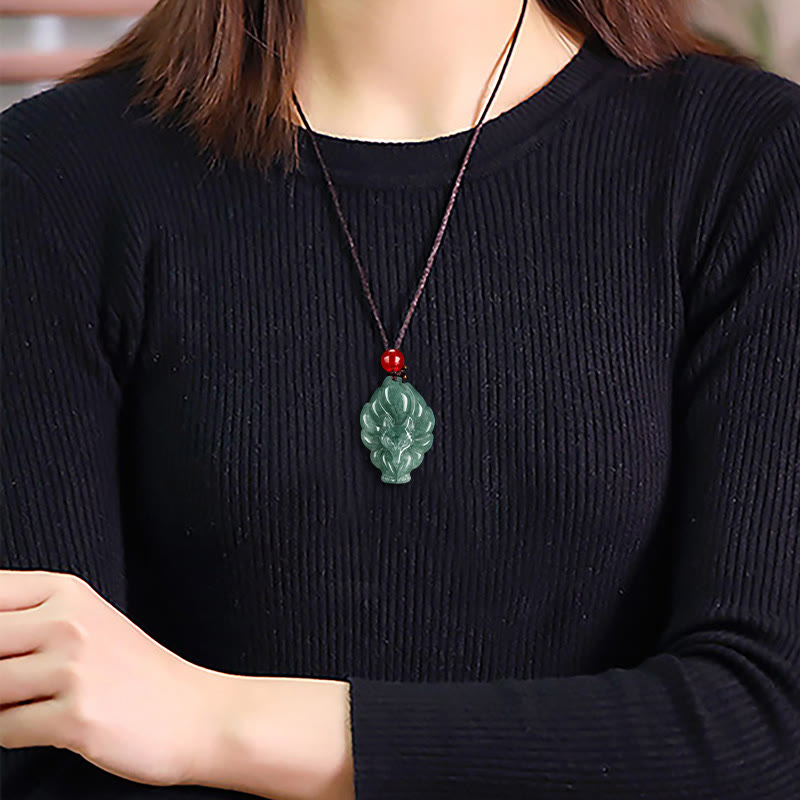 Buddha Stones Natural Green Jade Nine Tailed Fox Luck Necklace Pendant