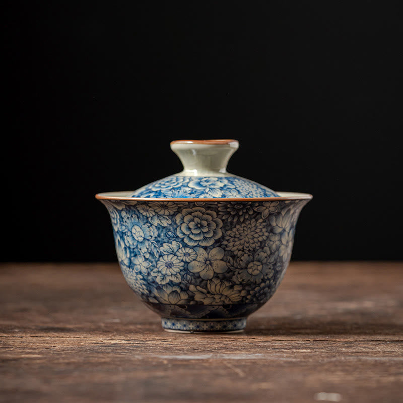 Buddha Stones Vintage Blue And White Porcelain Peach Blossom Lotus Peony Ceramic Gaiwan Sancai Teacup Kung Fu Tea Cup And Saucer With Lid