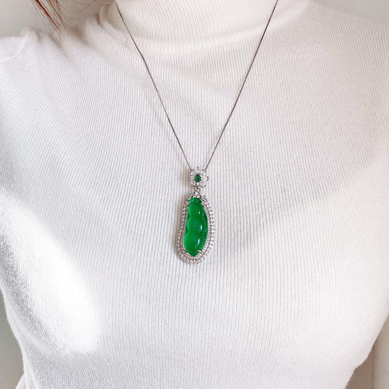 Buddha Stones Fortune Bean Cyan Jade Luck Necklace Pendant