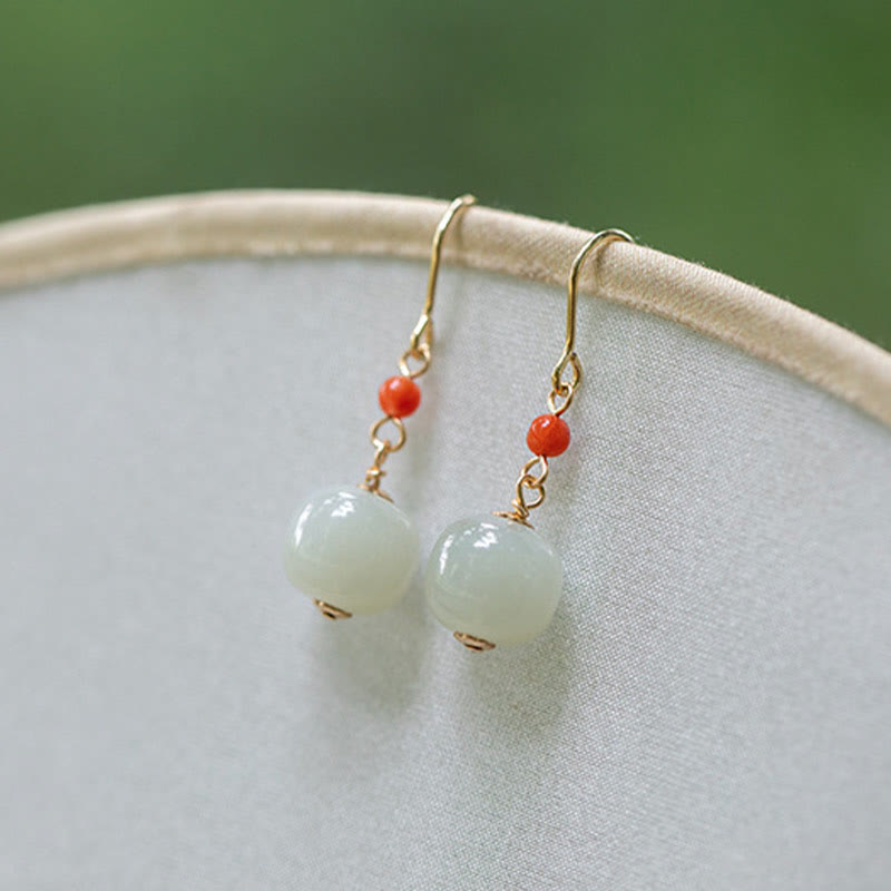 Buddha Stones 925 Sterling Silver Plated 14k Gold Hetian Jade Red Agate Luck Drop Dangle Earrings