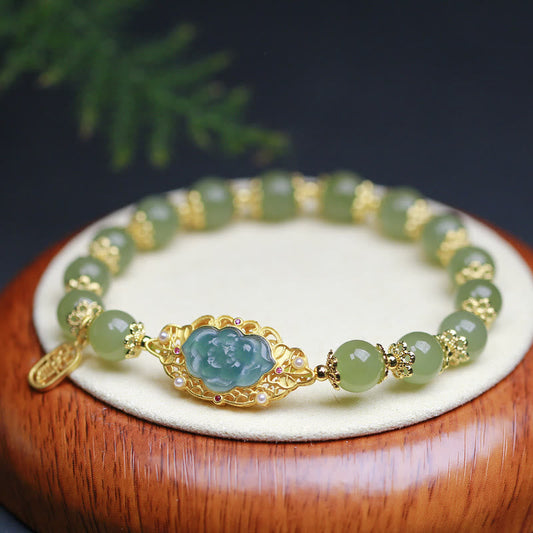 Buddha Stones 925 Sterling Silver Plated 14K Gold Hetian Jade Lotus Luck Bracelet