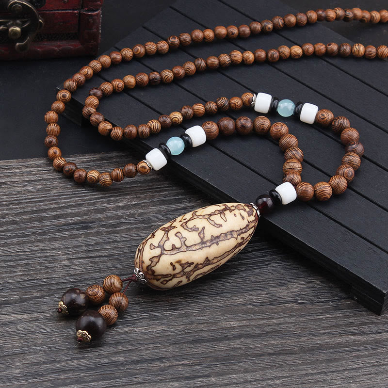 Buddha Stones Tibetan Wenge Wood Bodhi Seed Agate Balance Peace Necklace Pendant