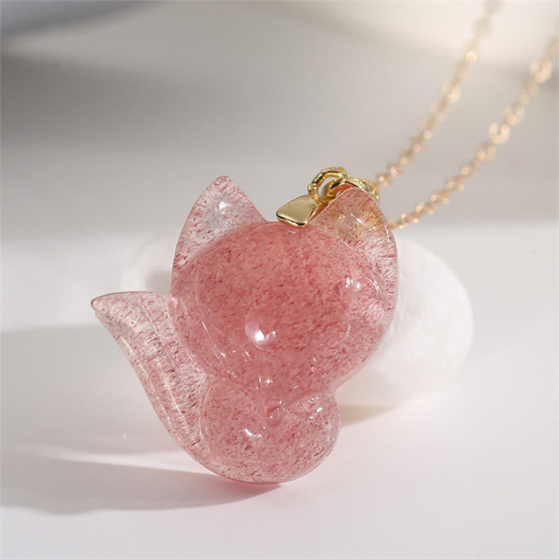 Buddha Stones 925 Sterling Silver Plated 14k Gold Strawberry Quartz Fox Healing Necklace Pendant