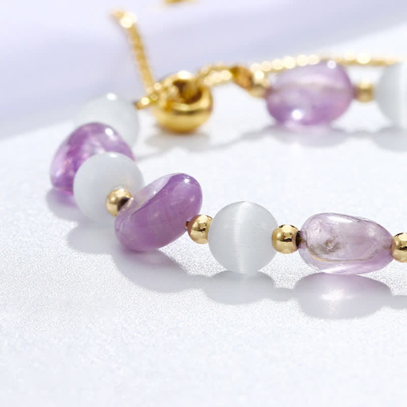 Buddha Stones Amethyst Pink Crystal Black Rutilated Quartz Spiritual Awareness Bracelet