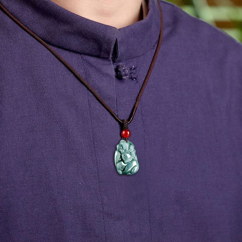 Buddha Stones Natural Green Jade Nine Tailed Fox Engraved Prosperity Necklace Pendant