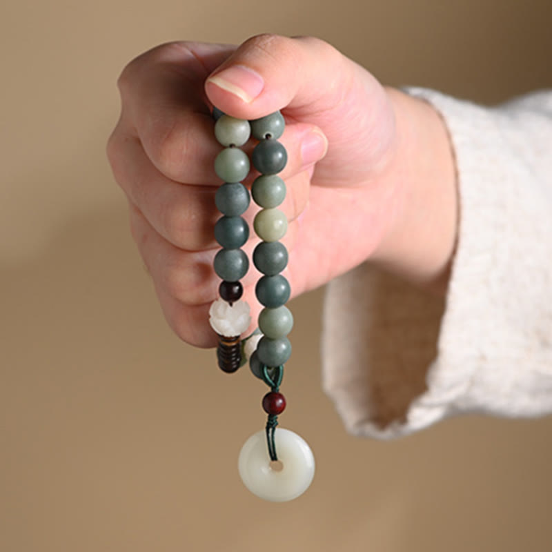 Buddha Stones Cyan Bodhi Seed Lotus Jade Peace Buckle Wisdom Double Wrap Bracelet