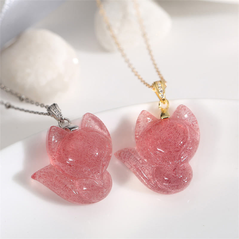 Buddha Stones 925 Sterling Silver Plated 14k Gold Strawberry Quartz Fox Healing Necklace Pendant
