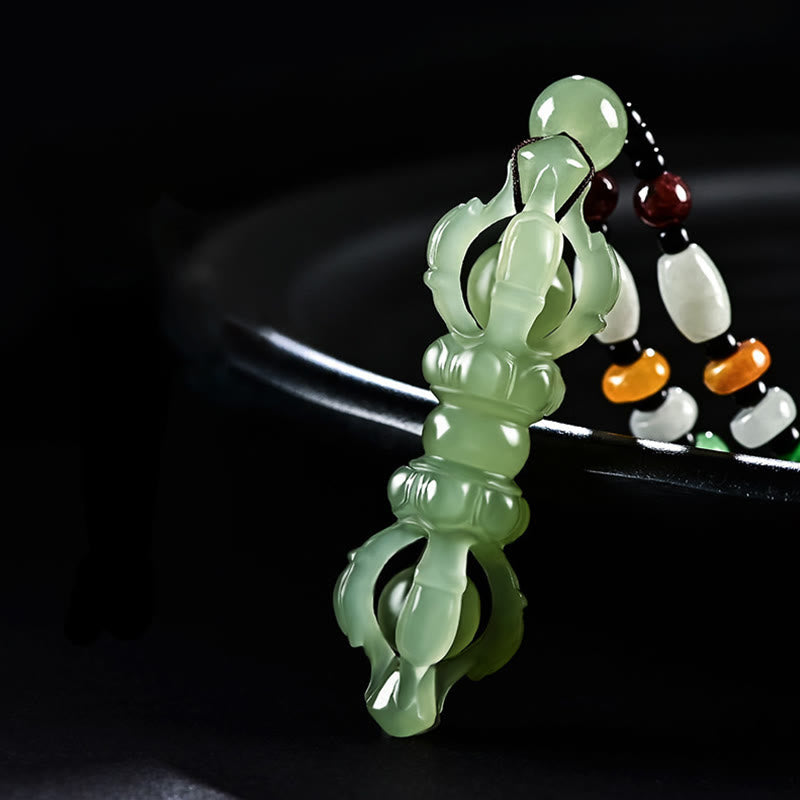 Buddha Stones Tibetan Natural Hetian Cyan Jade White Jade Dorje Vajra Engraved Success Necklace Pendant