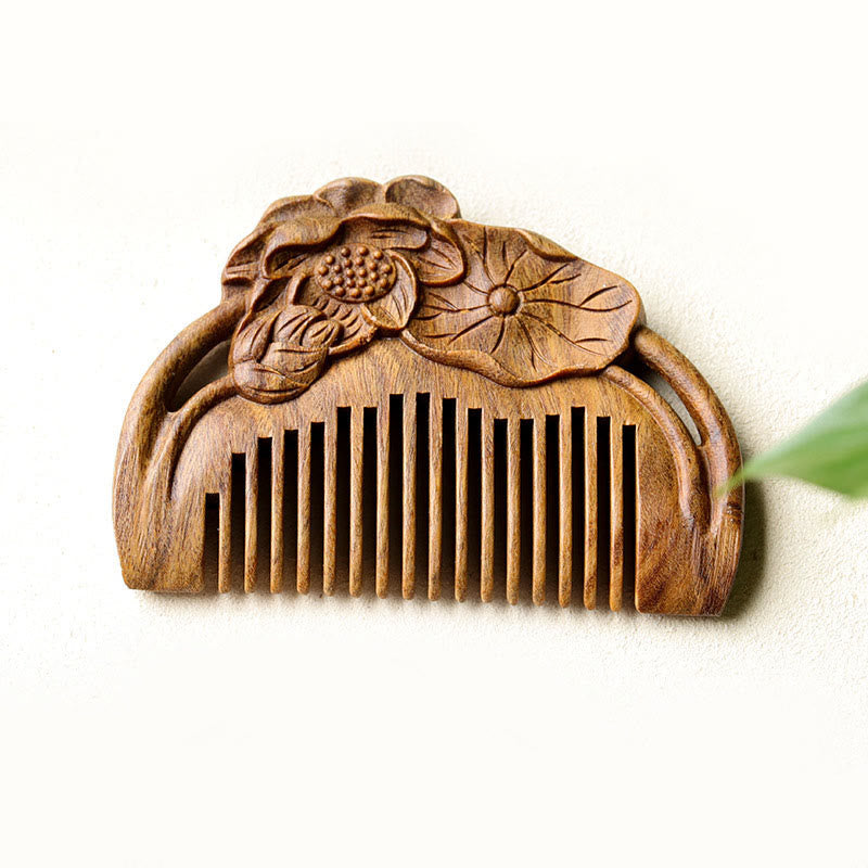 Buddha Stones Natural Green Sandalwood Lotus Flower Leaf Engraved Soothing Comb