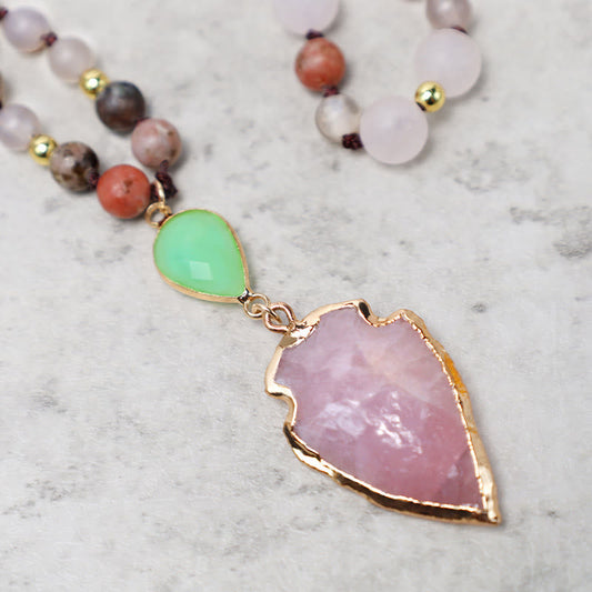 Buddha Stones Natural Rose Quartz Crystal Stone Healing Arrowhead Necklace Pendant