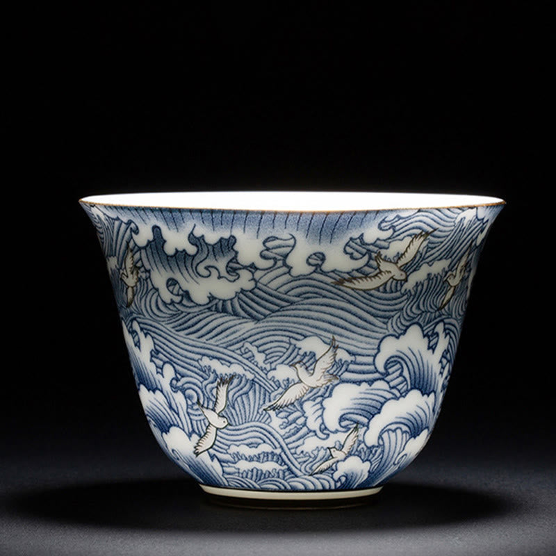 Buddha Stones Colorful Flowers Orchid Sea Waves Blue and White Porcelain Ceramic Teacup Kung Fu Tea Cup